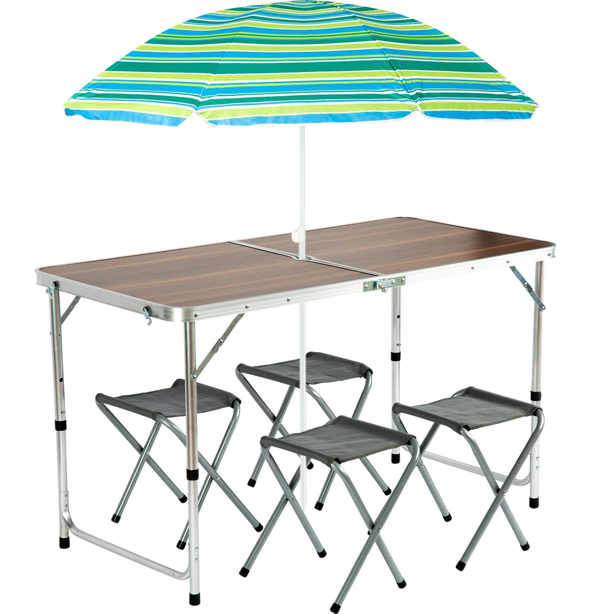 FUNKY CHAIRS Şemsiyeli Tabureli Katlanabilir Piknik Masası Seti - Ahşap Desen