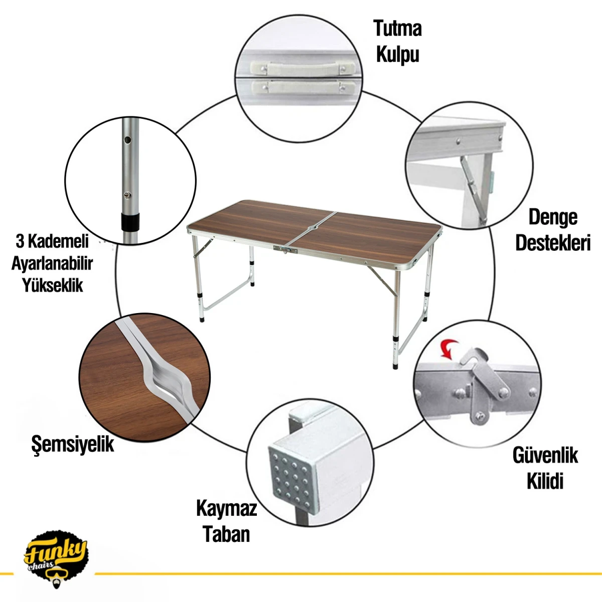 FUNKY CHAIRS Şemsiyeli Tabureli Katlanabilir Piknik Masası Seti - Ahşap Desen