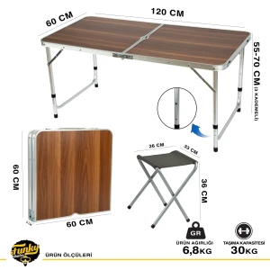 FUNKY CHAIRS Şemsiyeli Tabureli Katlanabilir Piknik Masası Seti - Ahşap Desen