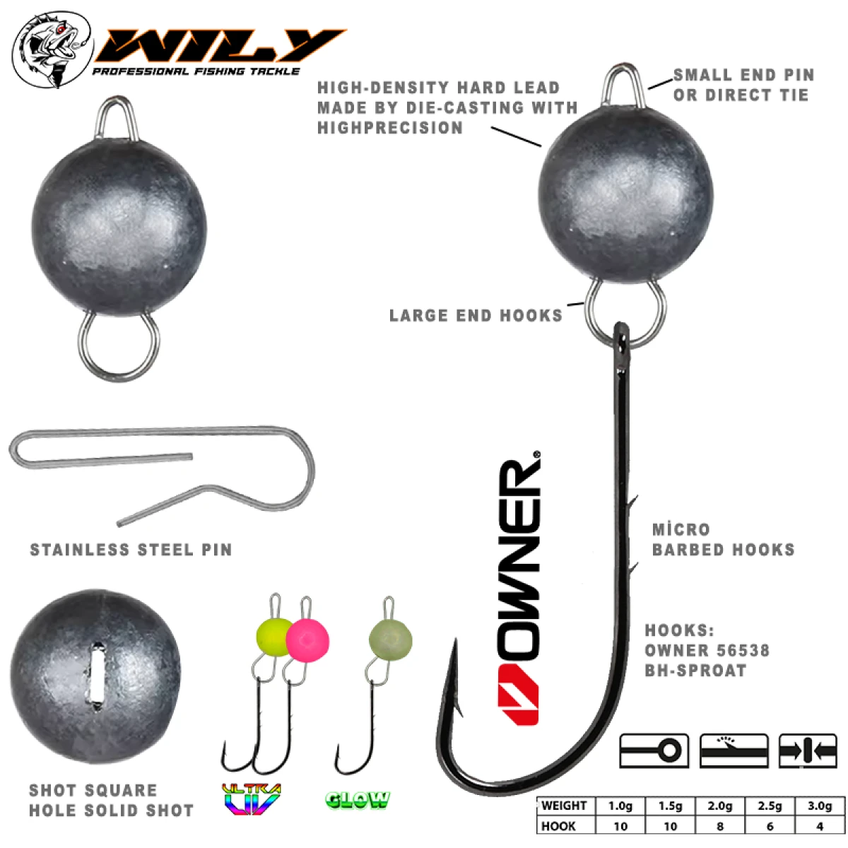 Wily Jig Head Mafsallı Owner İğneli - Glow - 3 gr