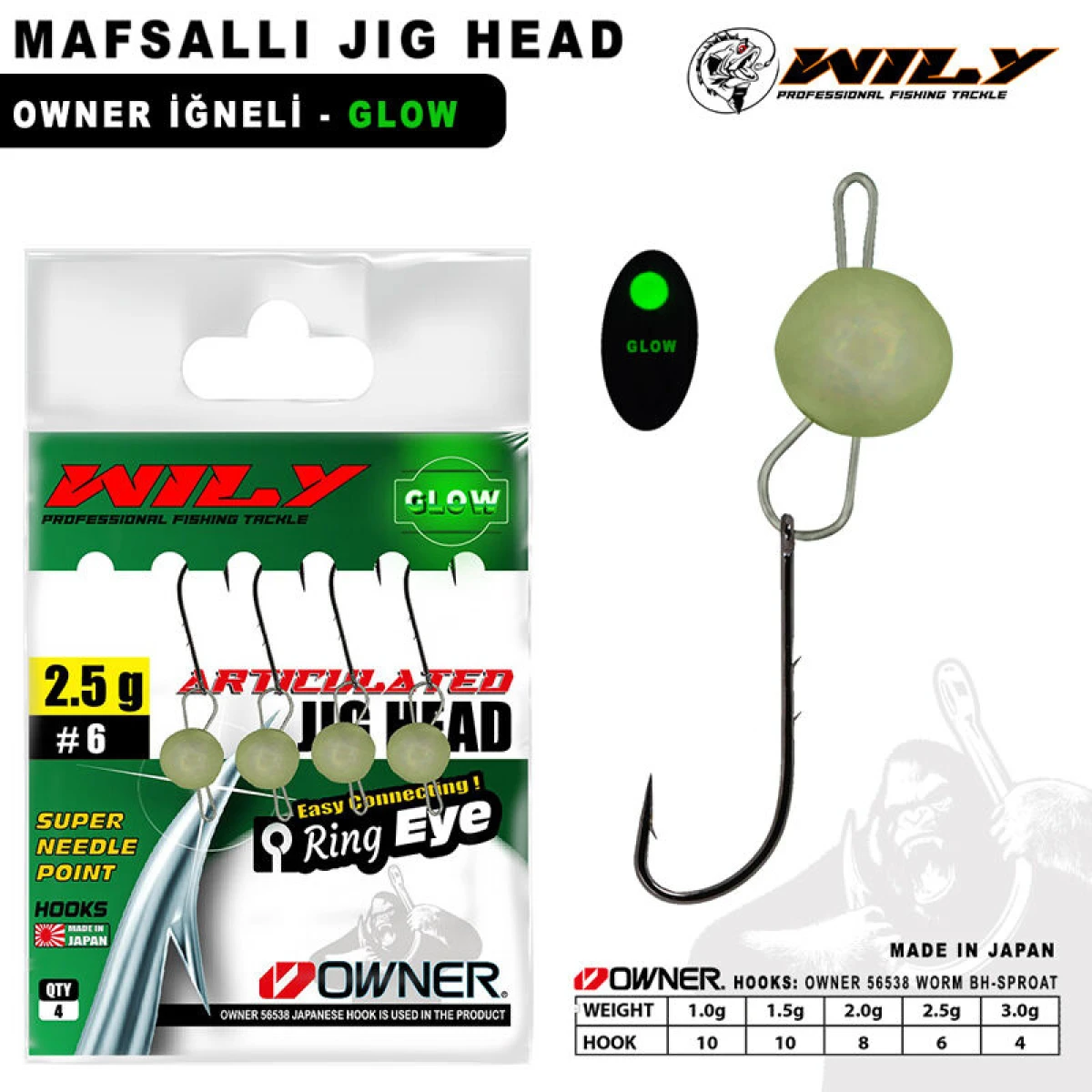 Wily Jig Head Mafsallı Owner İğneli - Glow - 3 gr