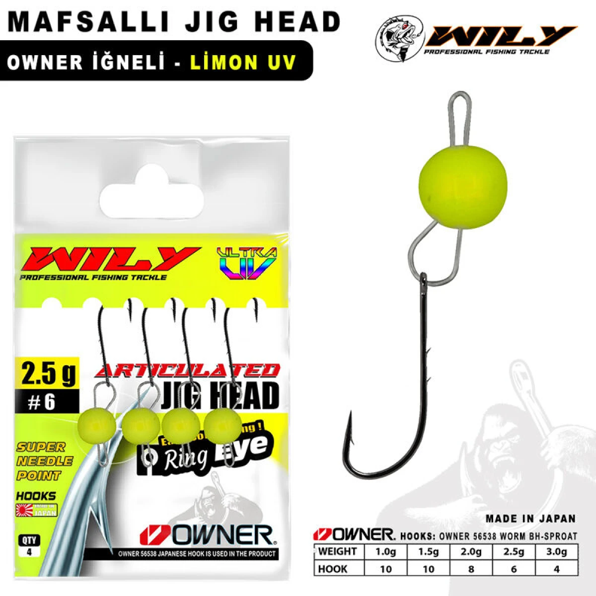 Wily Jig Head Mafsallı Owner İğneli - Limon - 3 gr