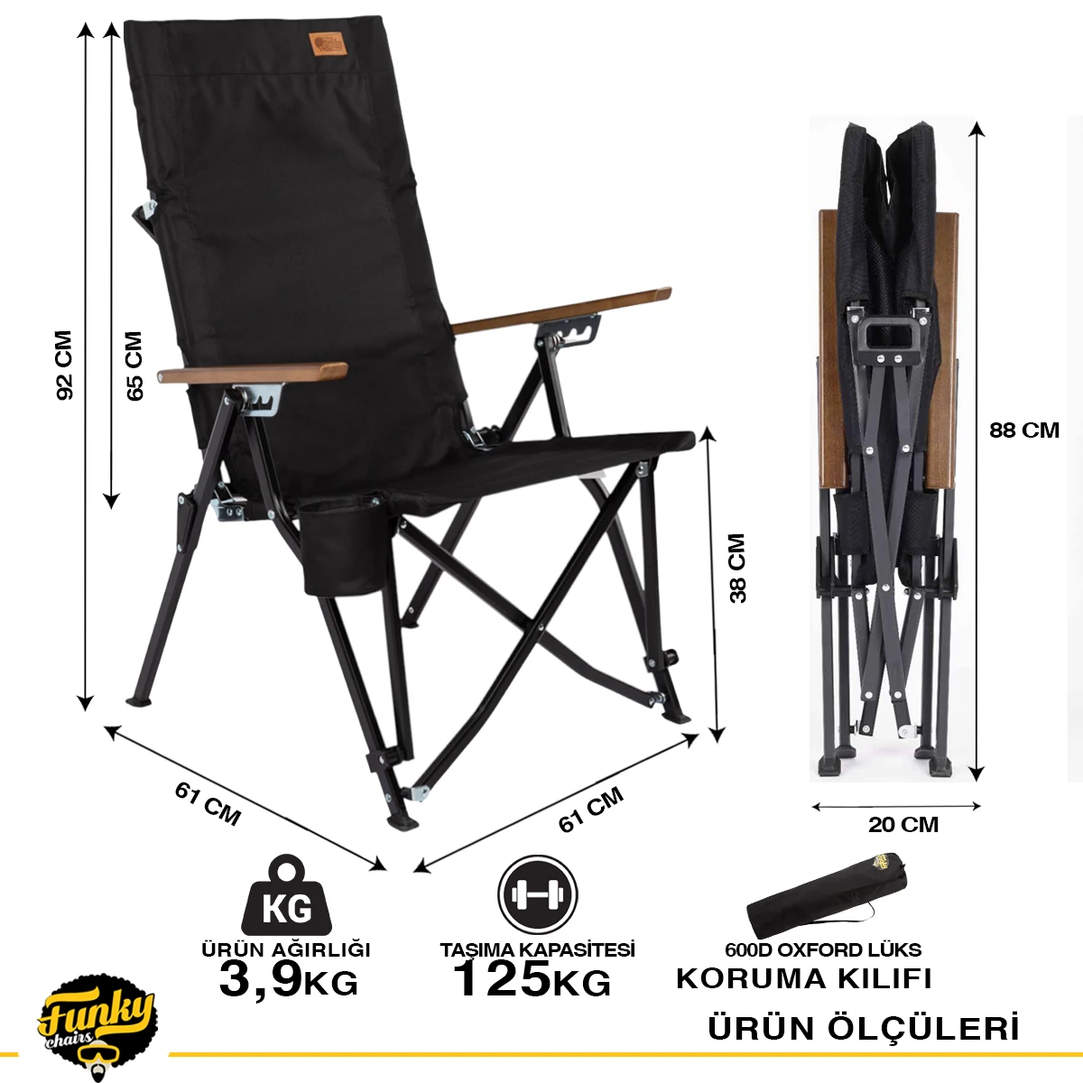 FUNKY CHAIRS Royal 4 Kademeli Katlanabilir Alüminyum Kamp Sandalyesi - Siyah