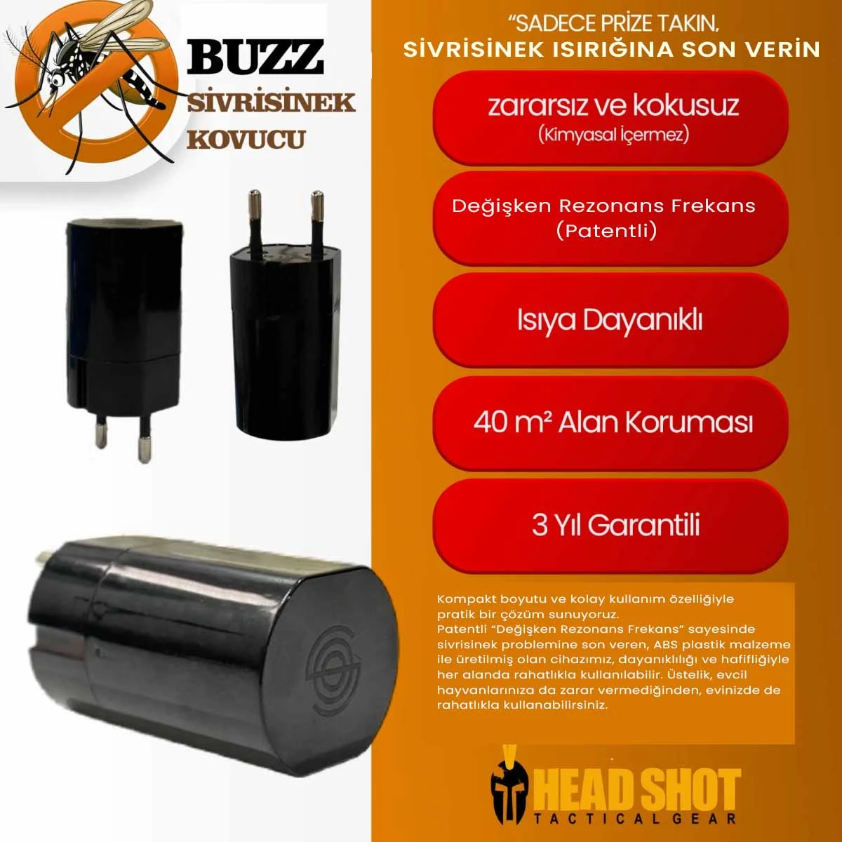 HEADSHOT Buzz Sivrisinek Kovucu Cihaz - Patentli Değişken Rezonans Frekans