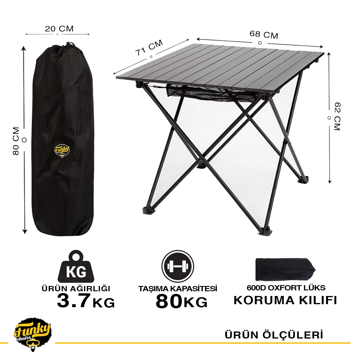 FUNKY CHAIRS Black Katlanabilir Kamp Masası Büyük (71 x 68 x 62cm)