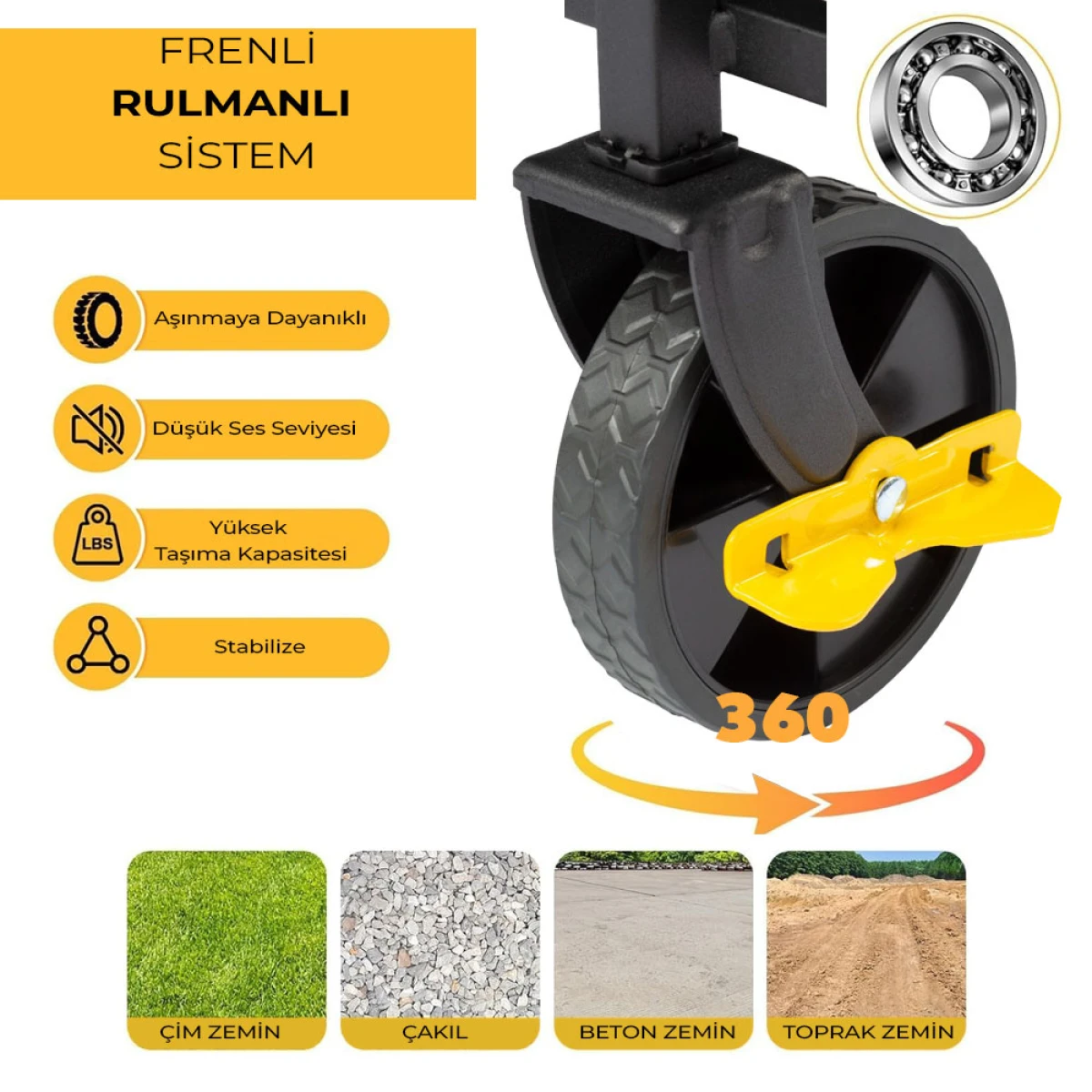 FUNKY CHAIRS 65 Litre Fren Sistemli, Rulmanlı, L Boy Katlanır Vagon Plaj Taşıma ve Kamp Arabası - Siyah