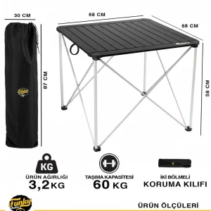 FUNKY CHAIRS Titanium Katlanabilir Çantalı Alüminyum Kamp ve Piknik Masası 68*68*58 - Siyah