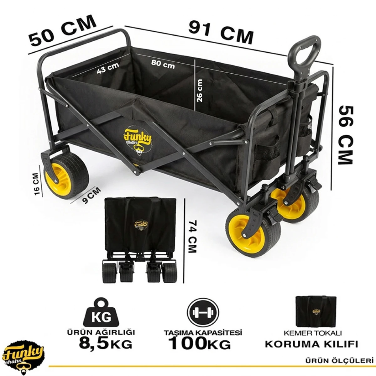 FUNKY CHAIRS 100 Litre Fren Sistemli, Rulmanlı, Kalın Teker, XL Boy Katlanır Vagon Plaj Taşıma ve Kamp Arabası - Sarı Jant