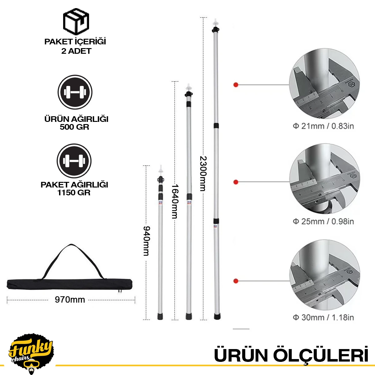 FUNKY CHAIRS 2 Adet Ayarlanabilir Teleskopik Alüminyum Tarp Tente Çadır Direği 230 cm