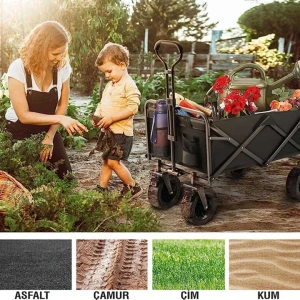 FUNKY CHAIRS 95 Litre Fren Sistemli, Rulmanlı, Kalın Teker, XL Boy Katlanır Vagon Plaj Taşıma ve Kamp Arabası - Siyah