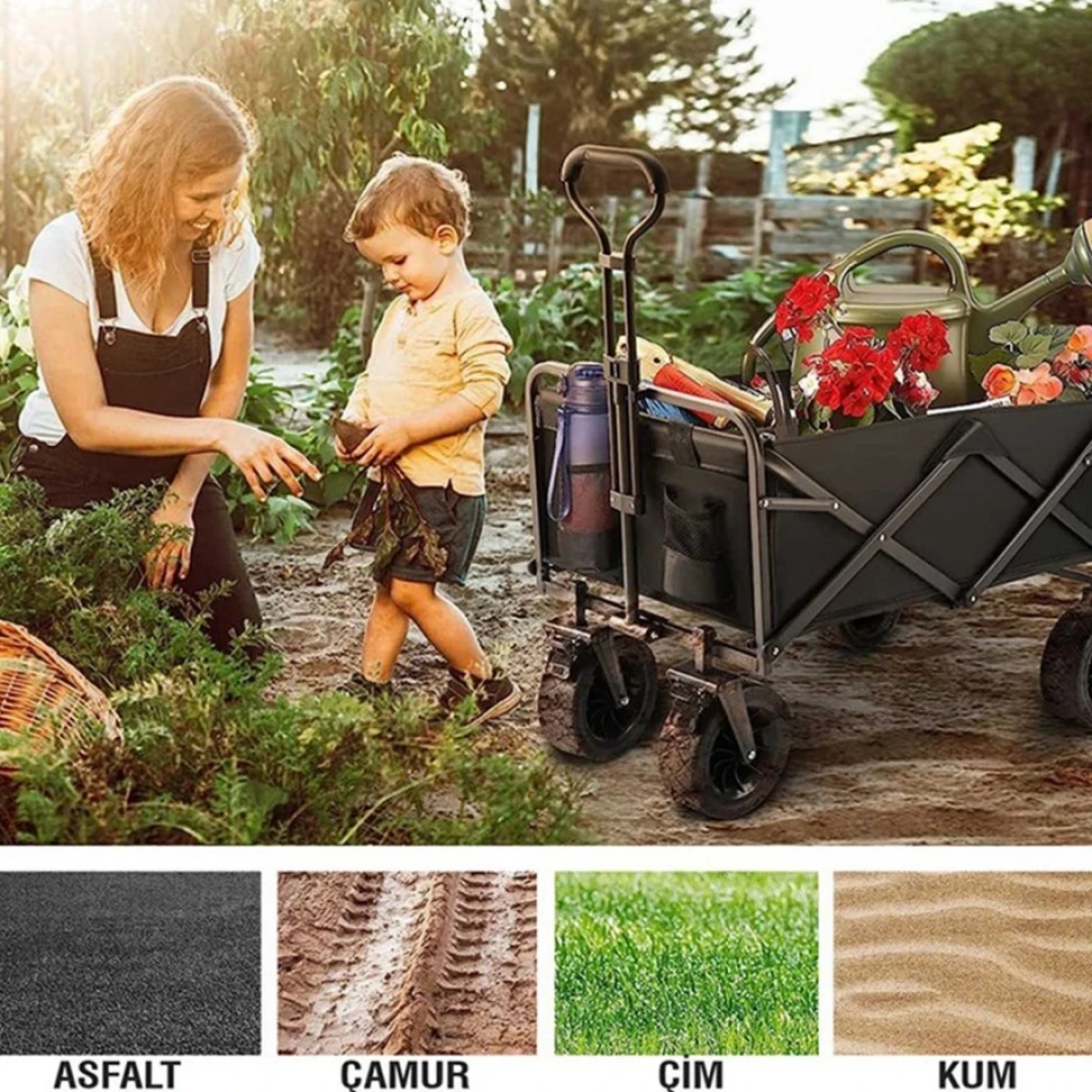 FUNKY CHAIRS 95 Litre Fren Sistemli, Rulmanlı, Kalın Teker, XL Boy Katlanır Vagon Plaj Taşıma ve Kamp Arabası - Siyah