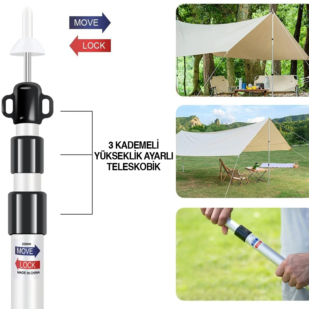 FUNKY CHAIRS 2 Adet Ayarlanabilir Teleskopik Alüminyum Tarp Tente Çadır Direği 230 cm