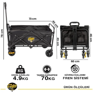 FUNKY CHAIRS 60 Litre Fren Sistemli, Rulmanlı, L Boy Katlanır Vagon Plaj Taşıma ve Kamp Arabası - Siyah