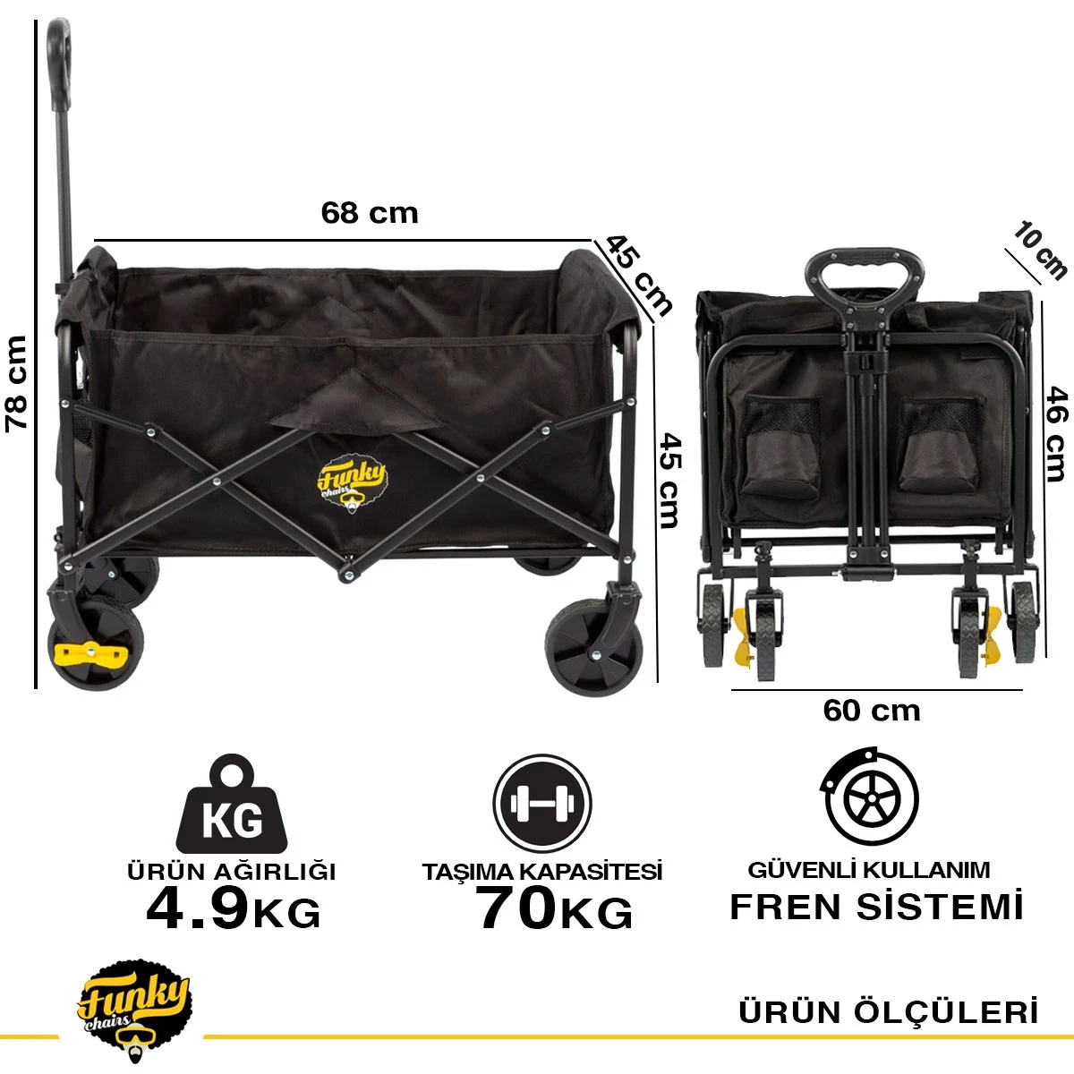 FUNKY CHAIRS 65 Litre Fren Sistemli, Rulmanlı, L Boy Katlanır Vagon Plaj Taşıma ve Kamp Arabası - Siyah