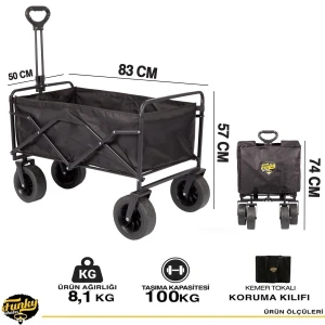 FUNKY CHAIRS 95 Litre Fren Sistemli, Rulmanlı, Kalın Teker, XL Boy Katlanır Vagon Plaj Taşıma ve Kamp Arabası - Siyah