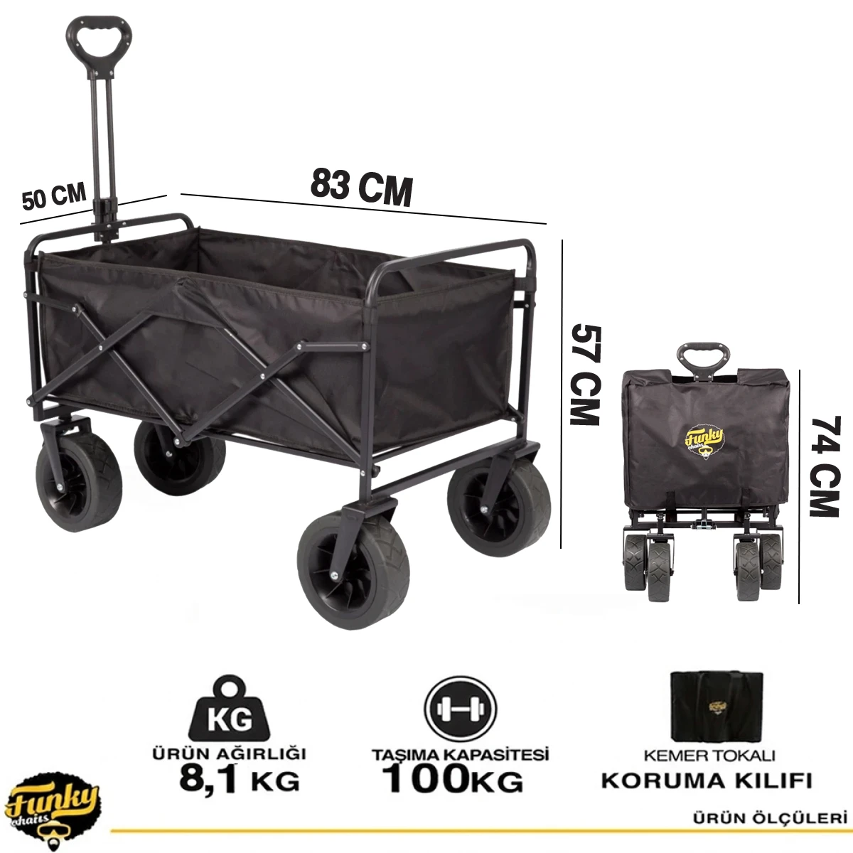 FUNKY CHAIRS 95 Litre Fren Sistemli, Rulmanlı, Kalın Teker, XL Boy Katlanır Vagon Plaj Taşıma ve Kamp Arabası - Siyah