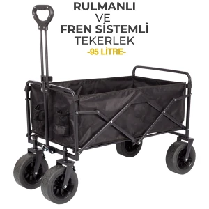 FUNKY CHAIRS 95 Litre Fren Sistemli, Rulmanlı, Kalın Teker, XL Boy Katlanır Vagon Plaj Taşıma ve Kamp Arabası - Siyah