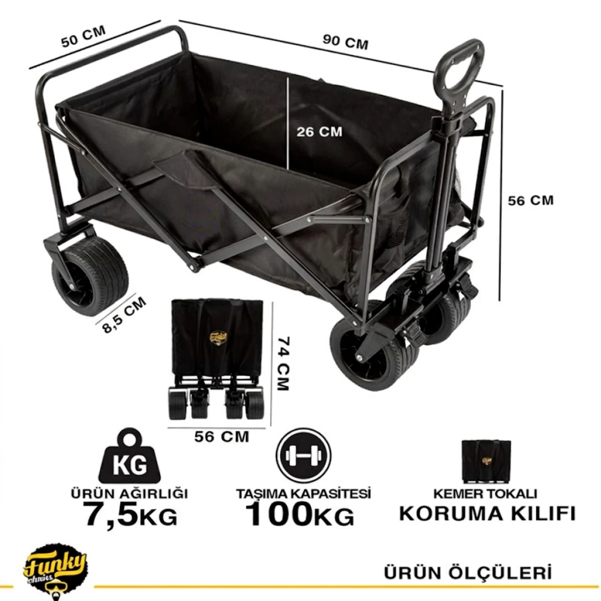 FUNKY CHAIRS 100 Litre Fren Sistemli, Rulmanlı, Kalın Teker, XL Boy Katlanır Vagon Plaj Taşıma ve Kamp Arabası - Siyah Jant