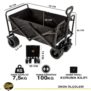 FUNKY CHAIRS 100 Litre Fren Sistemli, Rulmanlı, Kalın Teker, XL Boy Katlanır Vagon Plaj Taşıma ve Kamp Arabası - Siyah Jant