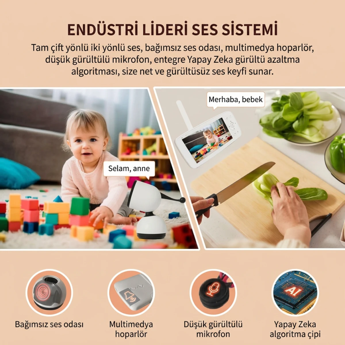 SENTICA Akıllı Bebek Kamerası Wi-Fi, 2MP, 5" Telsiz Monitörlü, Mobil Takip, Ağlama Algılama, 360° Gece Görüş, RGB Lambalı, İki Yönlü Görüşme, Ninni , Bulut/SD Kart Depolama