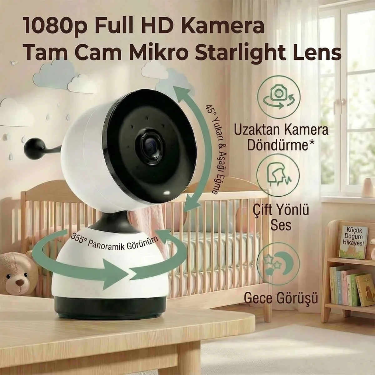 SENTICA Akıllı Bebek Kamerası Wi-Fi, 2MP, 5" Telsiz Monitörlü, Mobil Takip, Ağlama Algılama, 360° Gece Görüş, RGB Lambalı, İki Yönlü Görüşme, Ninni , Bulut/SD Kart Depolama