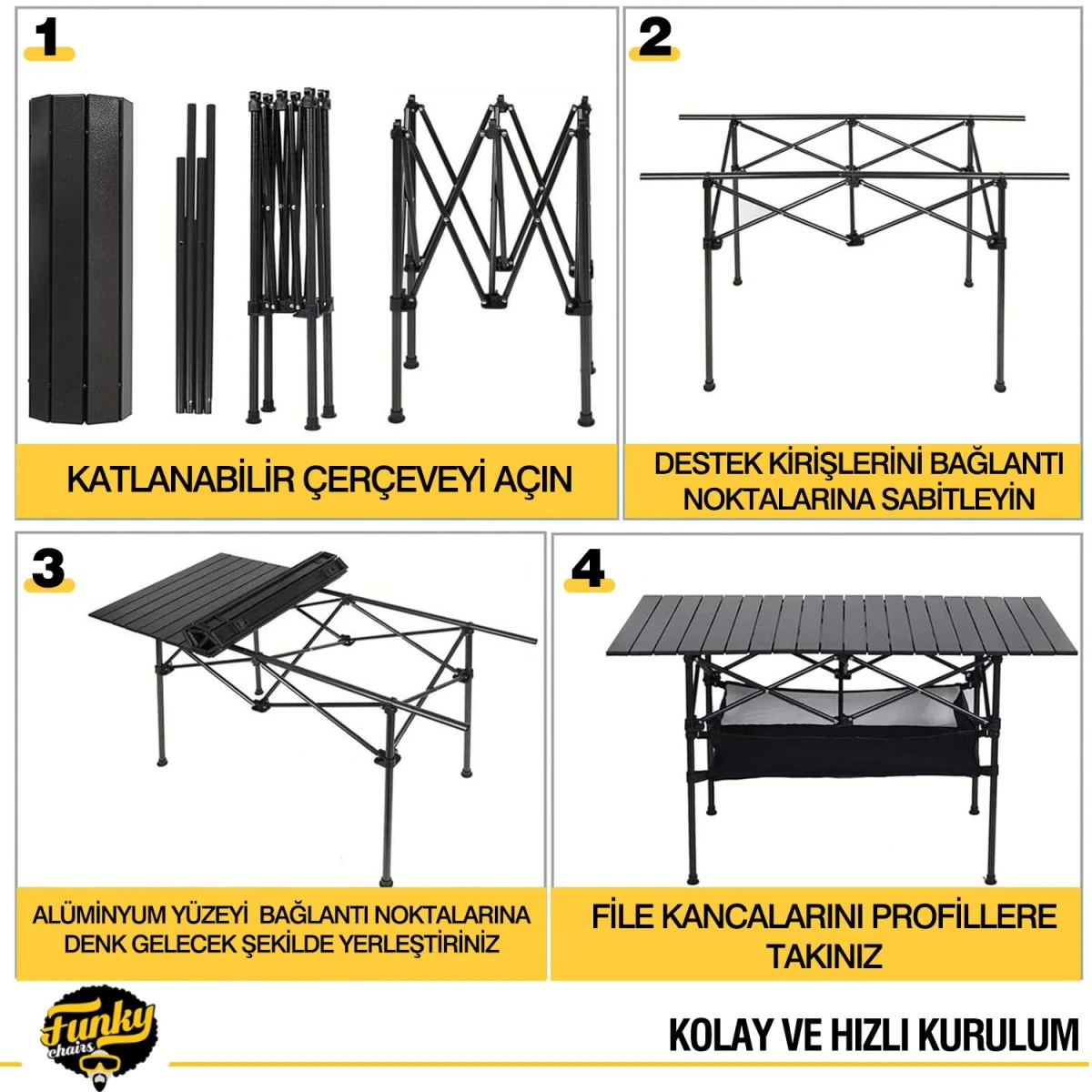 FUNKY CHAIRS Family XL Katlanabilir Alüminyum Kamp Masası - Siyah (117x55x50)