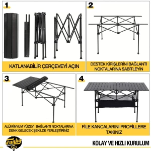 FUNKY CHAIRS Family XL Katlanabilir Alüminyum Kamp Masası - Siyah (117x55x50)