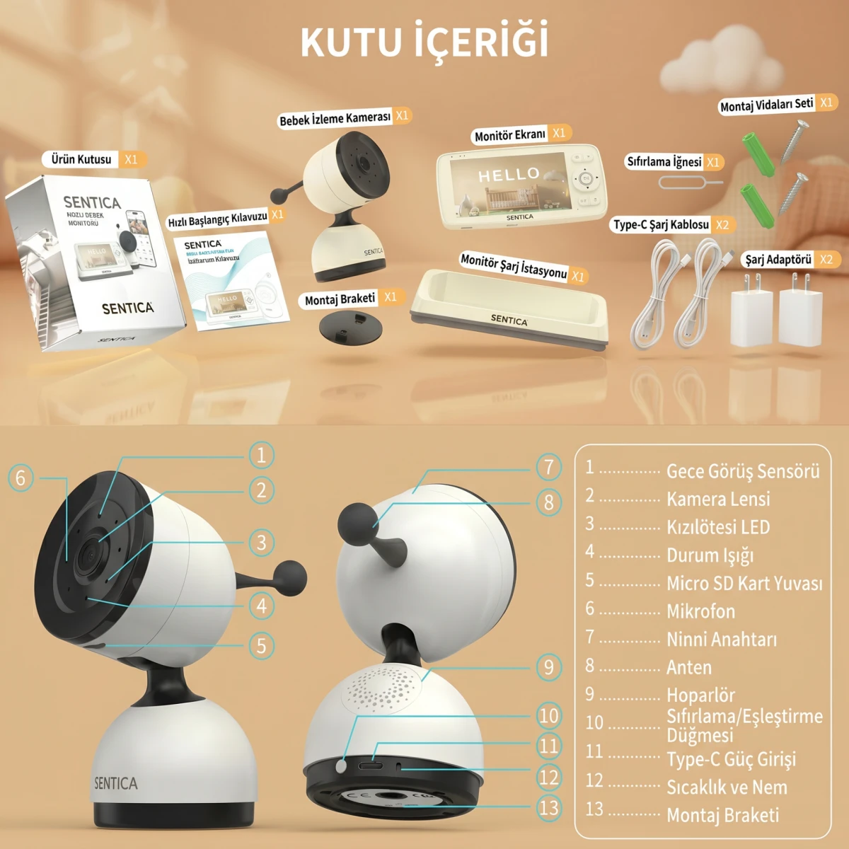 SENTICA Akıllı Bebek Kamerası Wi-Fi, 2MP, 5" Telsiz Monitörlü, Mobil Takip, Ağlama Algılama, 360° Gece Görüş, İki Yönlü Görüşme, Ninni , Bulut/SD Kart Depolama