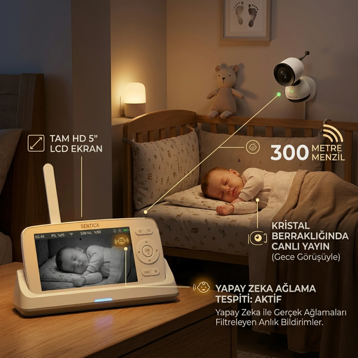 SENTICA Akıllı Bebek Kamerası Wi-Fi, 2MP, 5" Telsiz Monitörlü, Mobil Takip, Ağlama Algılama, 360° Gece Görüş, İki Yönlü Görüşme, Ninni , Bulut/SD Kart Depolama