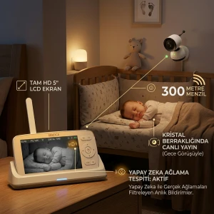 SENTICA Akıllı Bebek Kamerası Wi-Fi, 2MP, 5" Telsiz Monitörlü, Mobil Takip, Ağlama Algılama, 360° Gece Görüş, İki Yönlü Görüşme, Ninni , Bulut/SD Kart Depolama