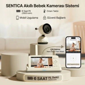SENTICA Akıllı Bebek Kamerası Wi-Fi, 2MP, 5" Telsiz Monitörlü, Mobil Takip, Ağlama Algılama, 360° Gece Görüş, İki Yönlü Görüşme, Ninni , Bulut/SD Kart Depolama