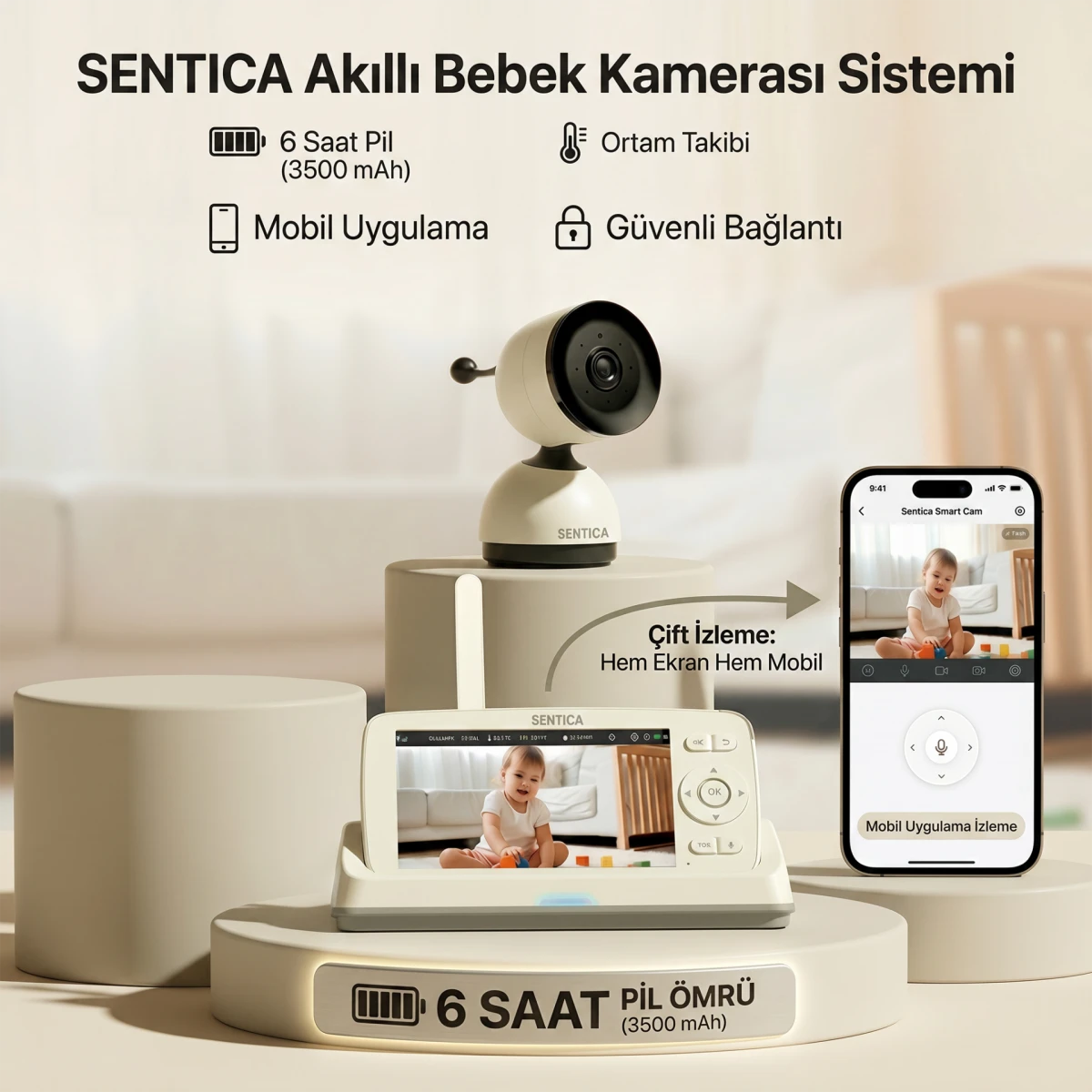 SENTICA Akıllı Bebek Kamerası Wi-Fi, 2MP, 5" Telsiz Monitörlü, Mobil Takip, Ağlama Algılama, 360° Gece Görüş, İki Yönlü Görüşme, Ninni , Bulut/SD Kart Depolama