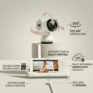 SENTICA Akıllı Bebek Kamerası Wi-Fi, 2MP, 5" Telsiz Monitörlü, Mobil Takip, Ağlama Algılama, 360° Gece Görüş, İki Yönlü Görüşme, Ninni , Bulut/SD Kart Depolama