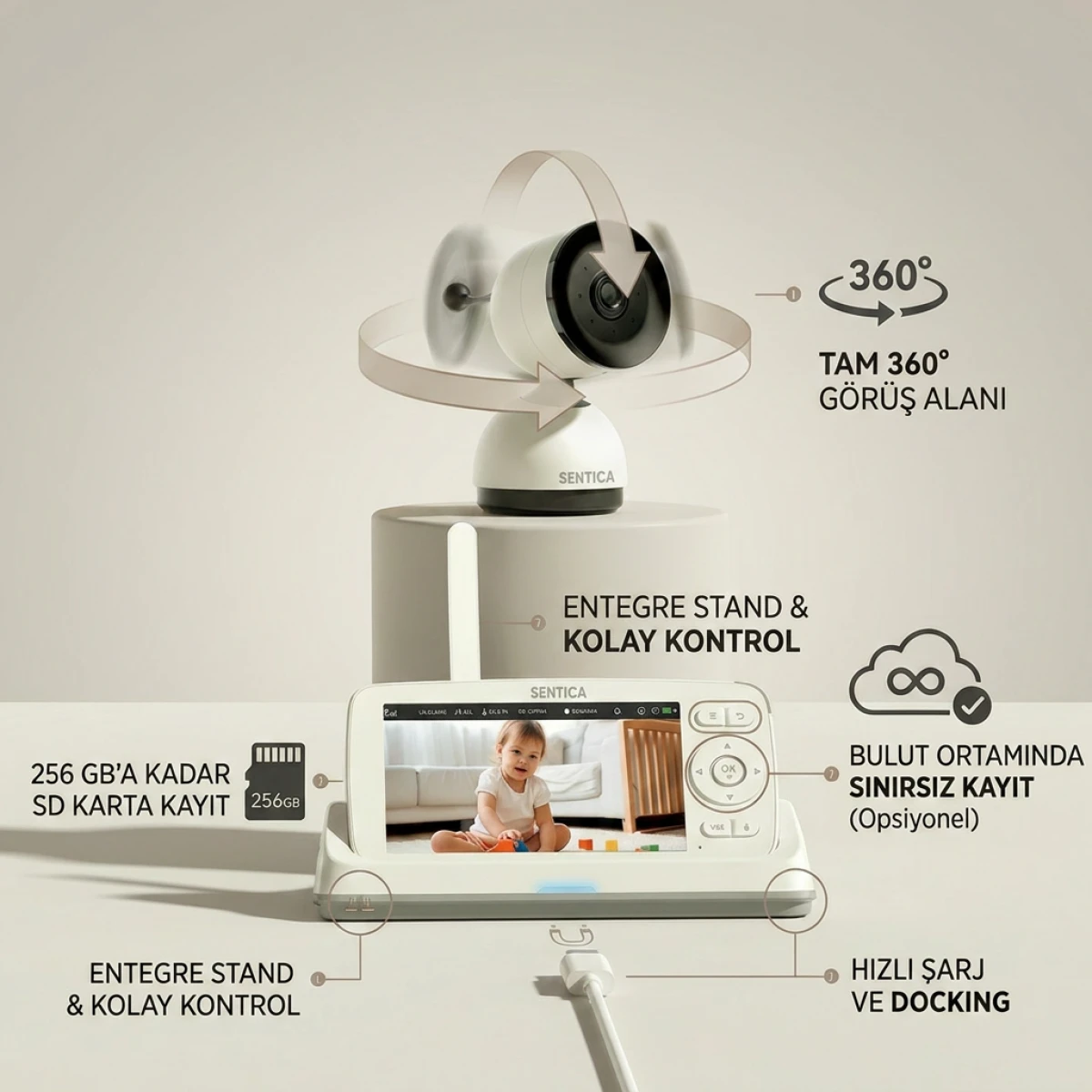 SENTICA Akıllı Bebek Kamerası Wi-Fi, 2MP, 5" Telsiz Monitörlü, Mobil Takip, Ağlama Algılama, 360° Gece Görüş, İki Yönlü Görüşme, Ninni , Bulut/SD Kart Depolama
