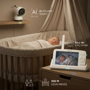 SENTICA Akıllı Bebek Kamerası Wi-Fi, 2MP, 5" Telsiz Monitörlü, Mobil Takip, Ağlama Algılama, 360° Gece Görüş, İki Yönlü Görüşme, Ninni , Bulut/SD Kart Depolama