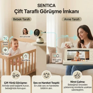 SENTICA Akıllı Bebek Kamerası Wi-Fi, 2MP, 5" Telsiz Monitörlü, Mobil Takip, Ağlama Algılama, 360° Gece Görüş, İki Yönlü Görüşme, Ninni , Bulut/SD Kart Depolama