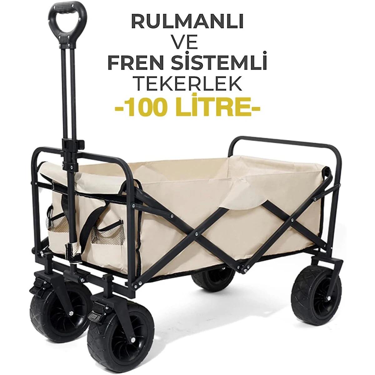 FUNKY CHAIRS 100 Litre Fren Sistemli, Rulmanlı, Kalın Teker, XL Boy Katlanır Vagon Plaj Taşıma ve Kamp Arabası - Bej