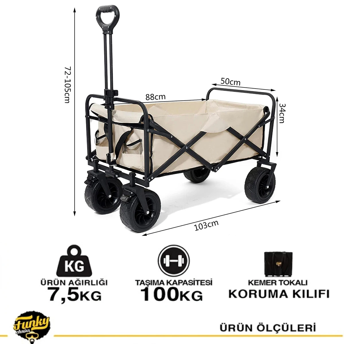 FUNKY CHAIRS 100 Litre Fren Sistemli, Rulmanlı, Kalın Teker, XL Boy Katlanır Vagon Plaj Taşıma ve Kamp Arabası - Bej