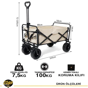 FUNKY CHAIRS 100 Litre Fren Sistemli, Rulmanlı, Kalın Teker, XL Boy Katlanır Vagon Plaj Taşıma ve Kamp Arabası - Bej