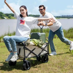 FUNKY CHAIRS 100 Litre Fren Sistemli, Rulmanlı, Kalın Teker, XL Boy Katlanır Vagon Plaj Taşıma ve Kamp Arabası - Bej