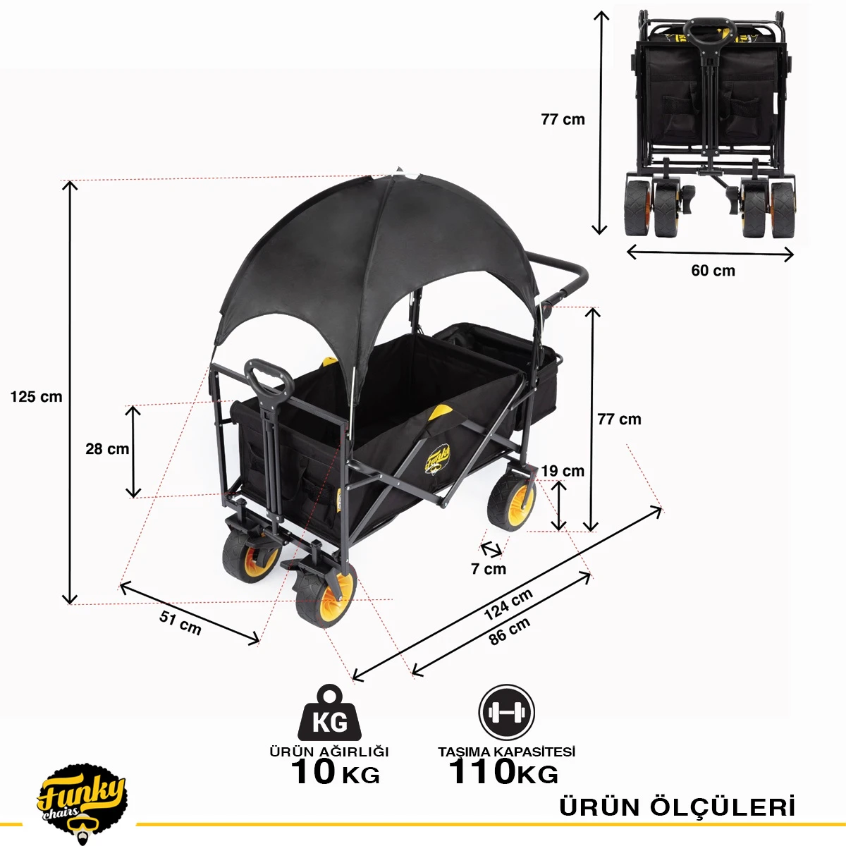 FUNKY CHAIRS Gölgelikli 110 Litre Fren Sistemli, Rulmanlı, Kalın Teker, XL Boy Katlanır Vagon Plaj Taşıma ve Kamp Arabası - Siyah