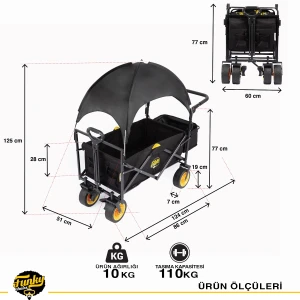 FUNKY CHAIRS Gölgelikli 110 Litre Fren Sistemli, Rulmanlı, Kalın Teker, XL Boy Katlanır Vagon Plaj Taşıma ve Kamp Arabası - Siyah