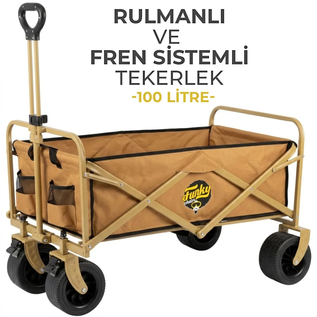 FUNKY CHAIRS 100 Litre Fren Sistemli, Rulmanlı, Kalın Teker, XL Boy Katlanır Vagon Plaj Taşıma ve Kamp Arabası - Toprak