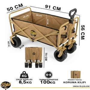 FUNKY CHAIRS 100 Litre Fren Sistemli, Rulmanlı, Kalın Teker, XL Boy Katlanır Vagon Plaj Taşıma ve Kamp Arabası - Toprak
