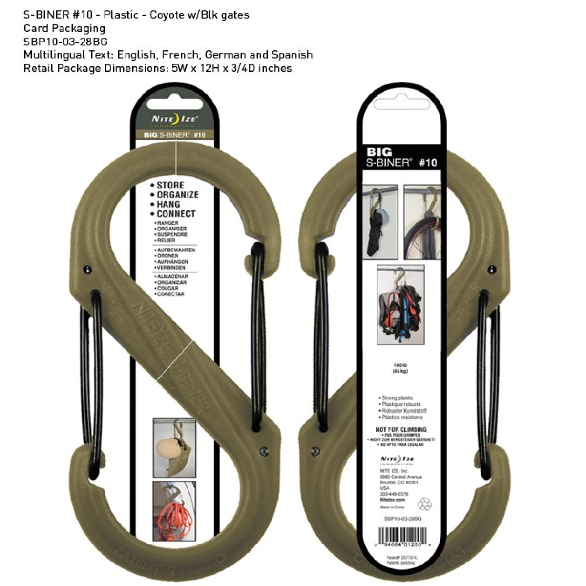 NITE IZE S-Biner Plastik size 10 Coyote/Blk Gate Karabina