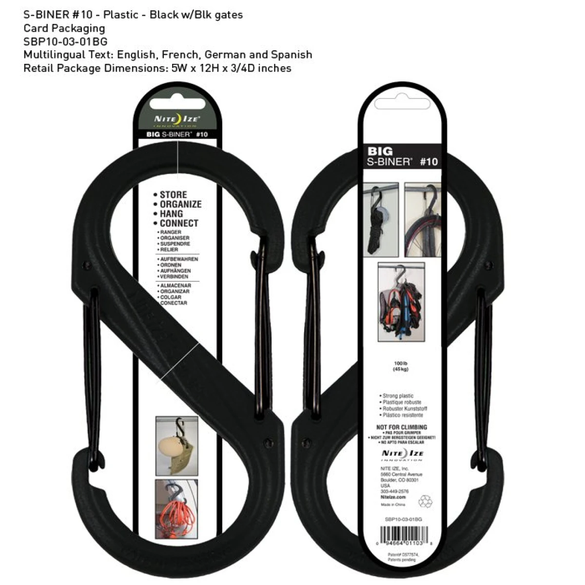 NITE IZE S-Biner Plastic Size 10 Blk/Blk Gate