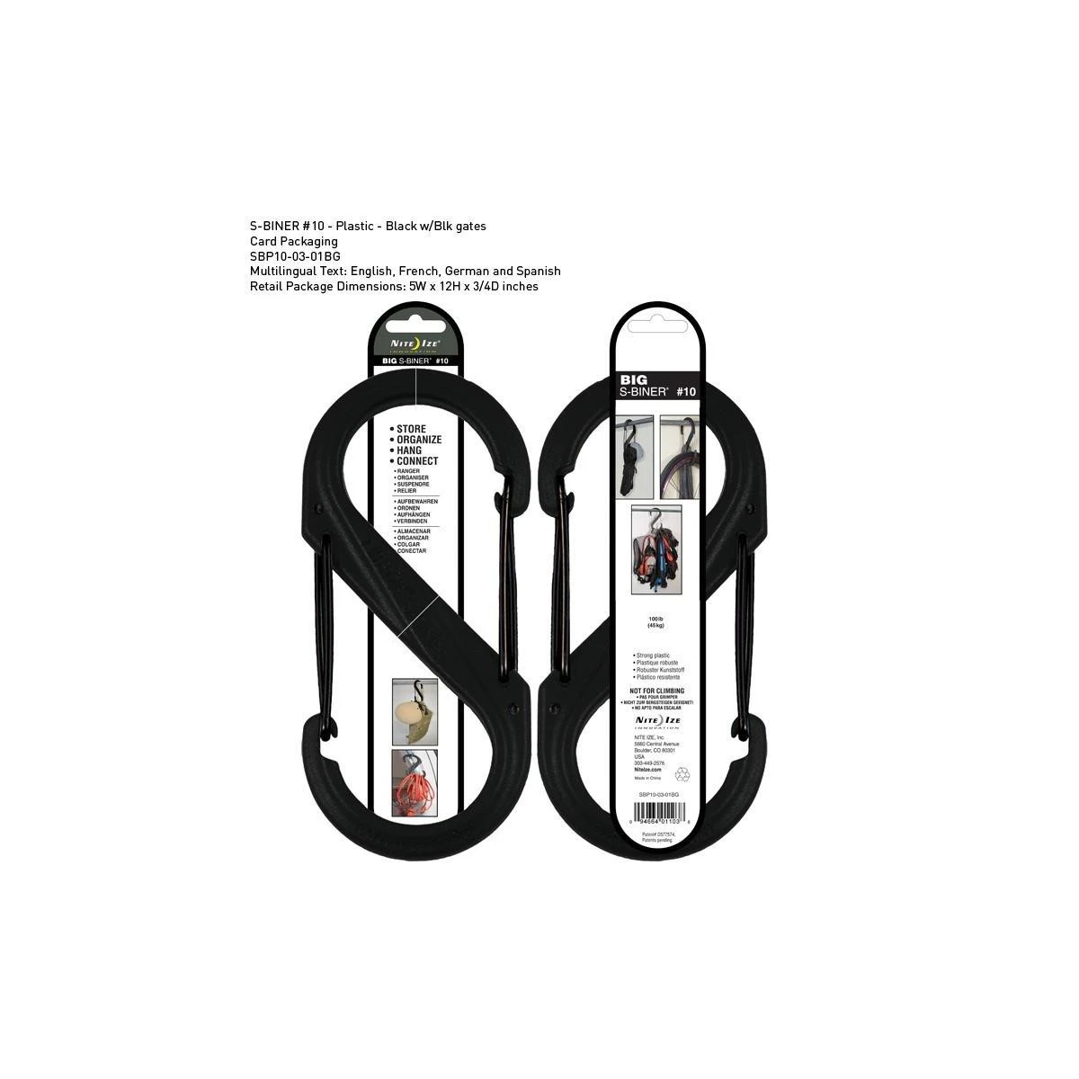 NITE IZE S-Biner Plastic Size 10 Blk/Blk Gate