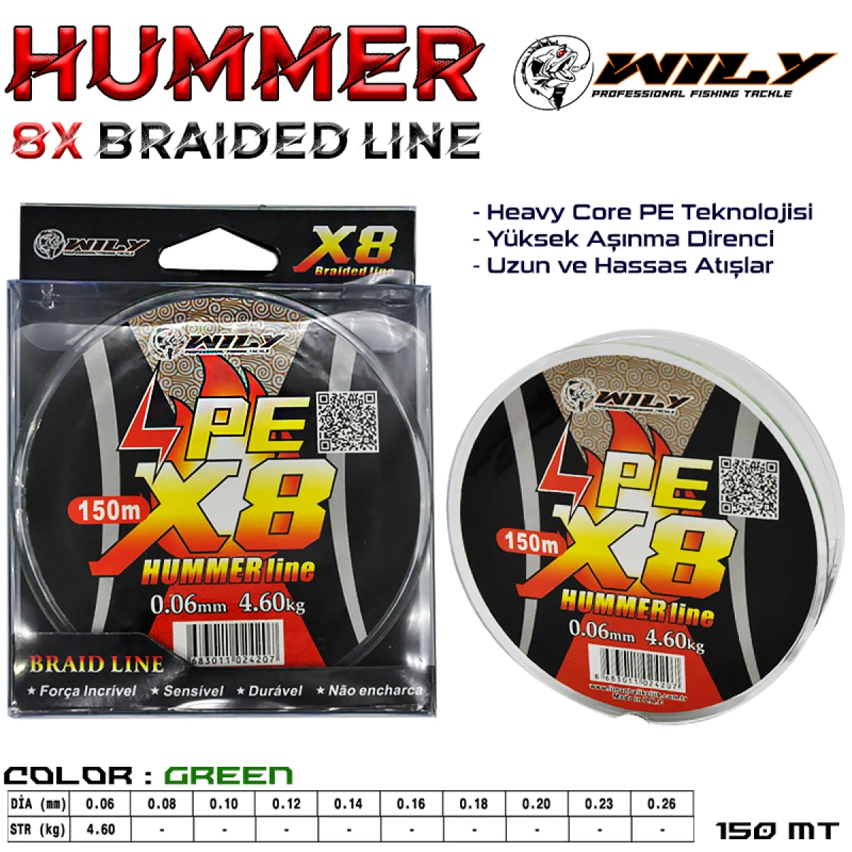 Wily Hummer 8 Kat İp Misina 150 mt Yeşil - 0,26