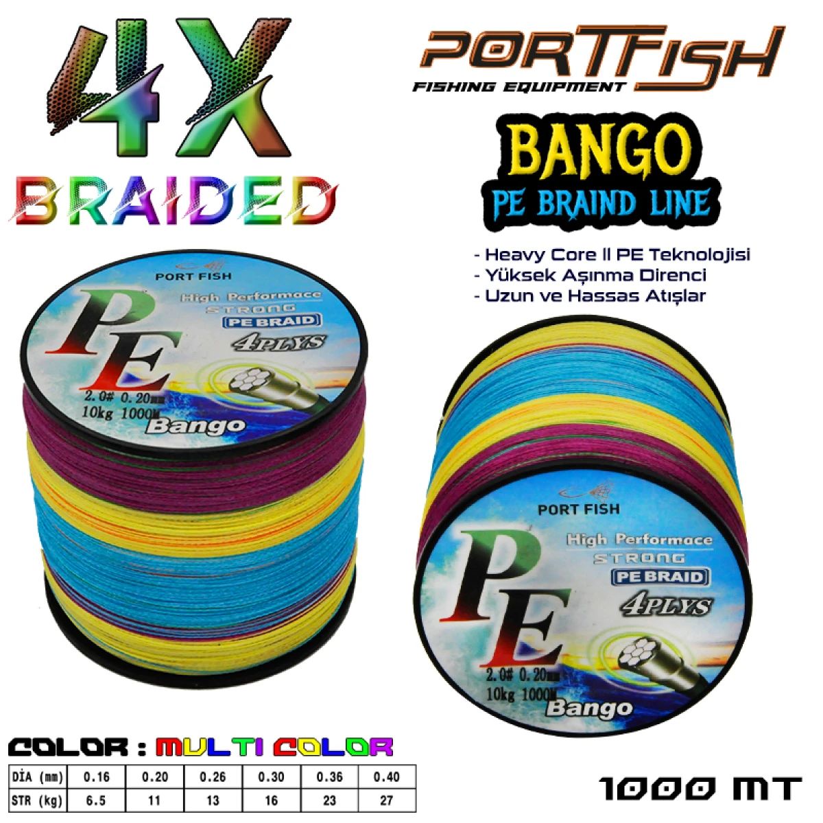 Portfish Bango 4 Kat İp Misina 1000 mt Ebruli - 0,26