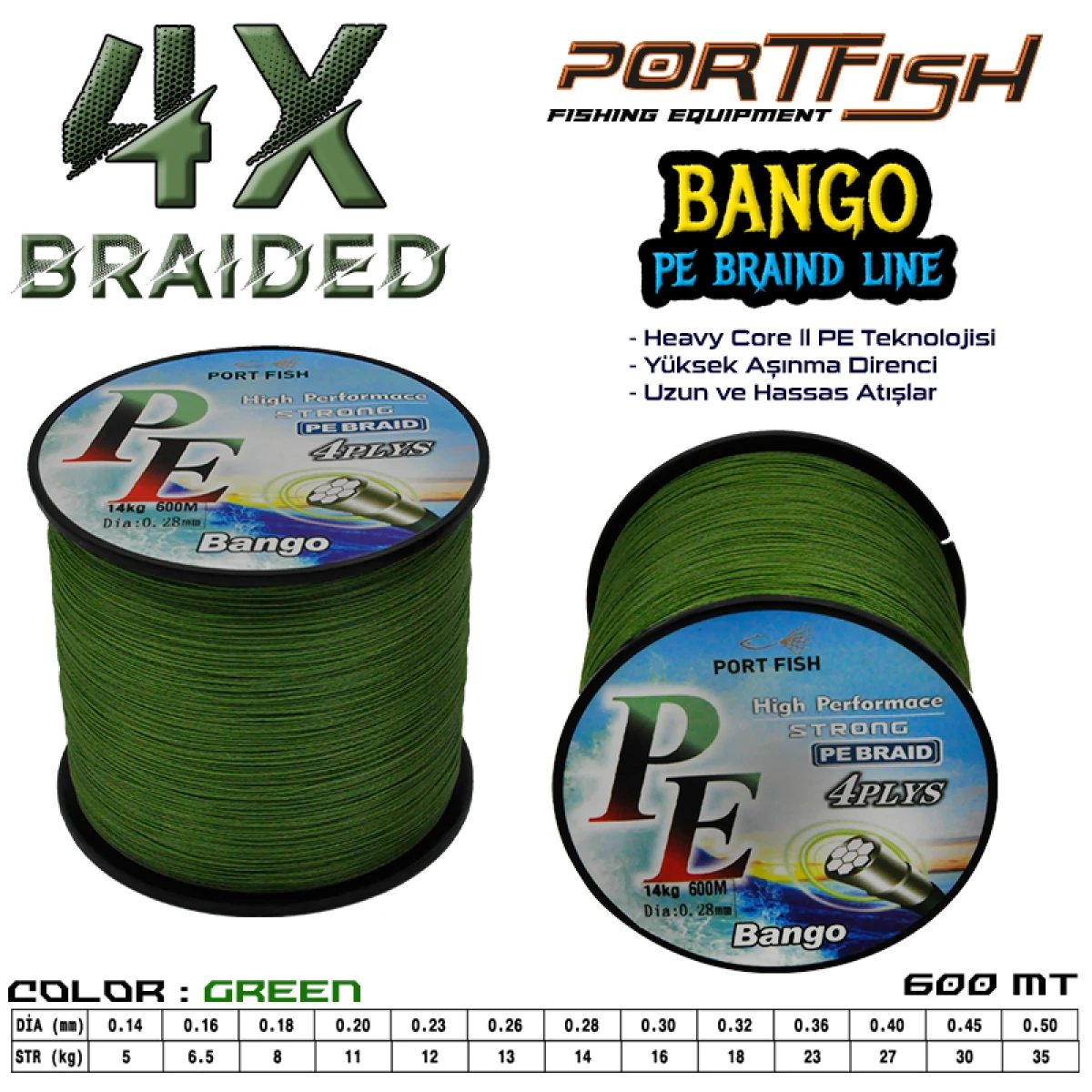 Portfish Bango 4 Kat İp Misina 600 mt Yeşil - 0,14